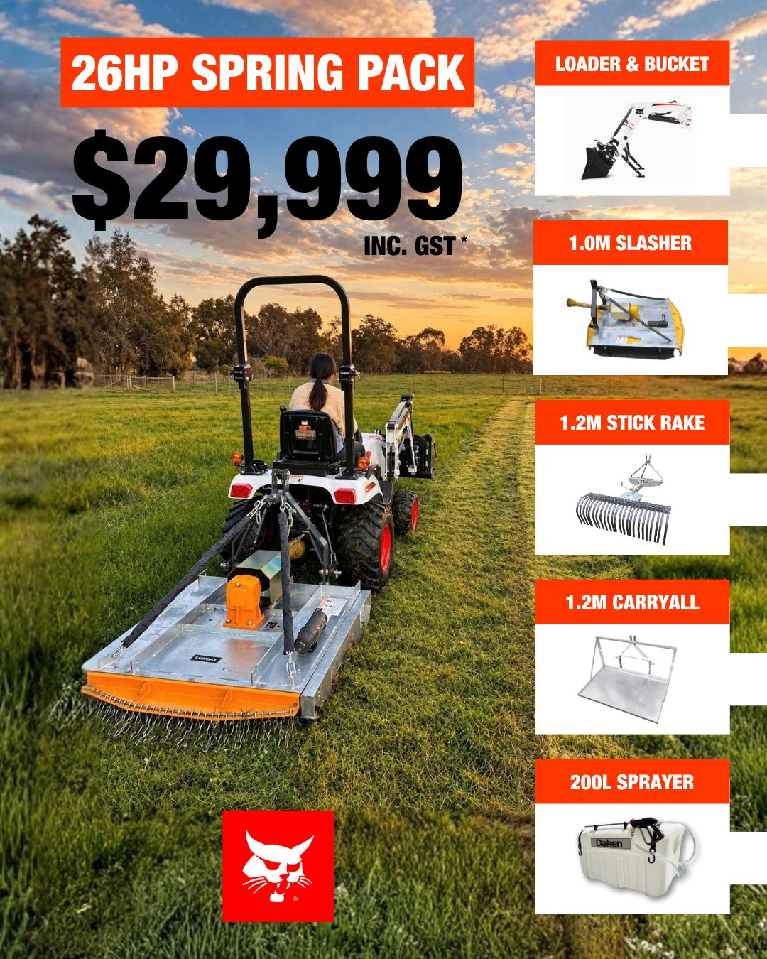 Bobcat CT1025 26HP Spring Pack compact tractor with loader and attachments