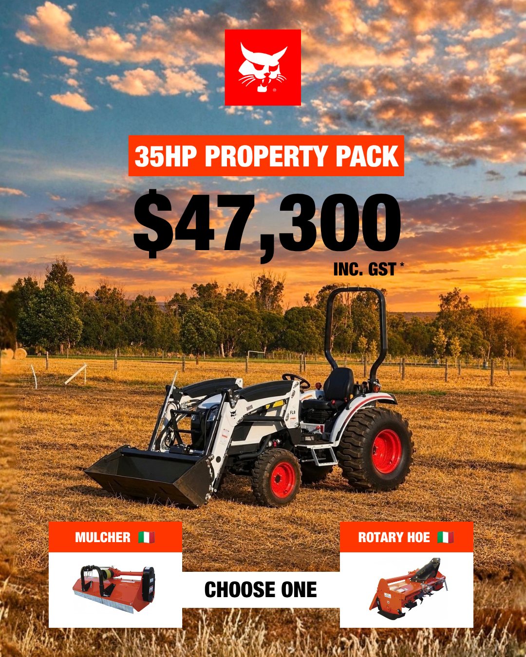 Bobcat CT2035 35HP Property Pack compact tractor with mulcher or rotary hoe option