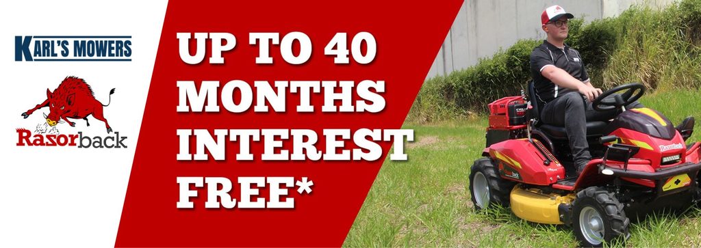 Razorback ride-on mower, 40 months interest free with Zip