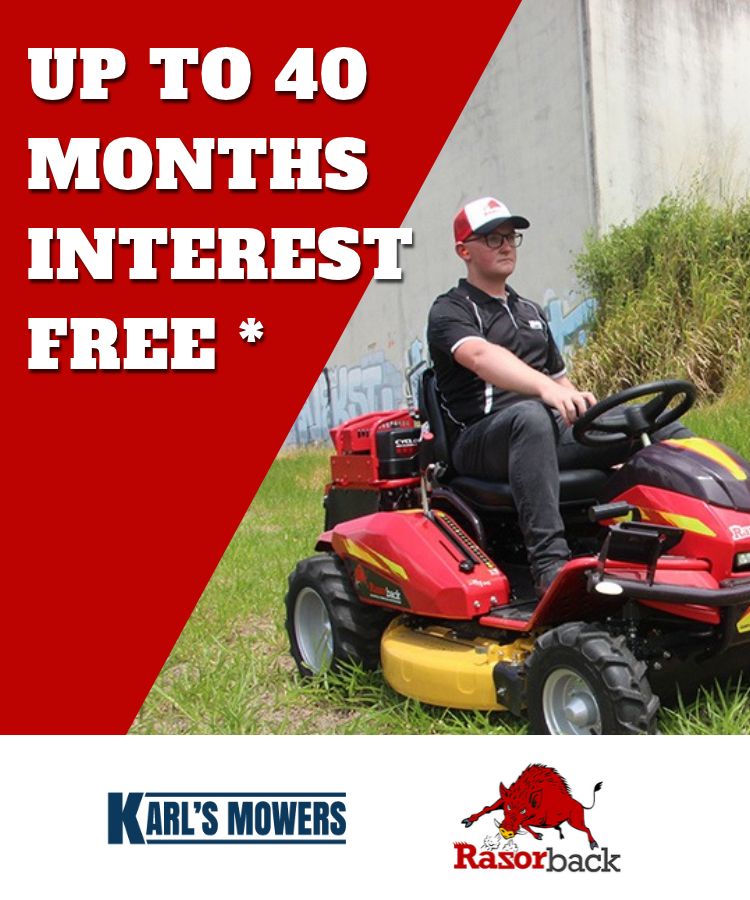 Razorback ride-on mower, 40 months interest free with Zip